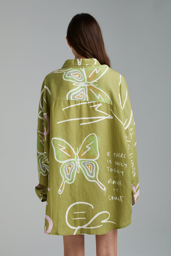 Summi Summi oversized LS shirt- graffiti butterfly khaki