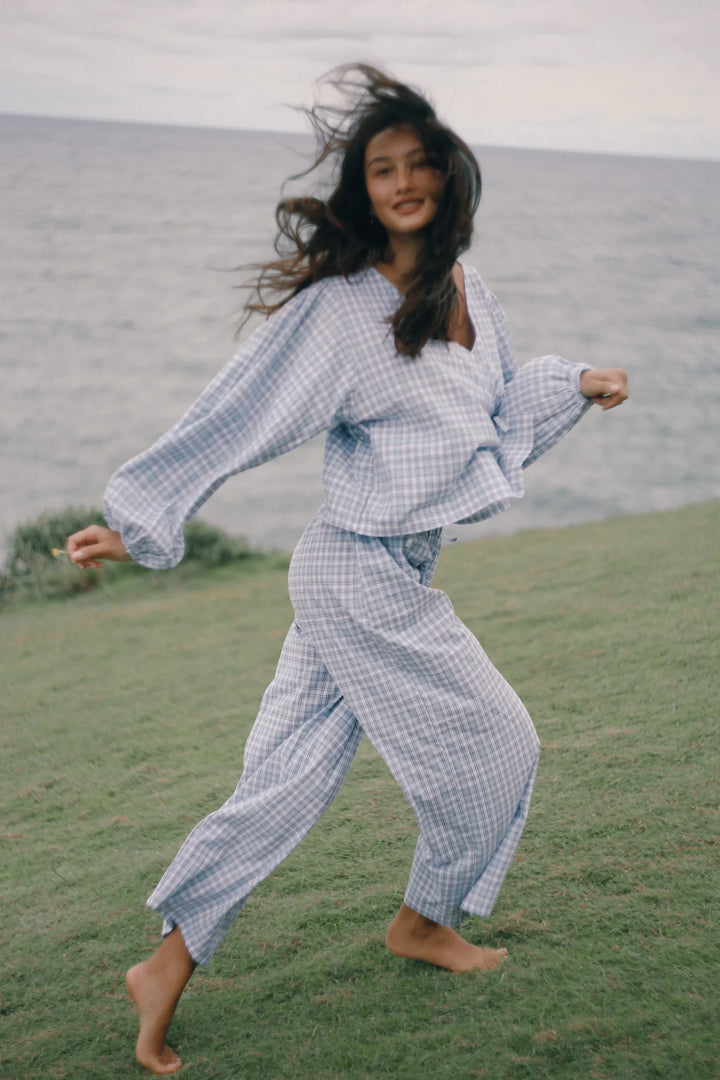 Bare road Ella wrap top- cloud plaid