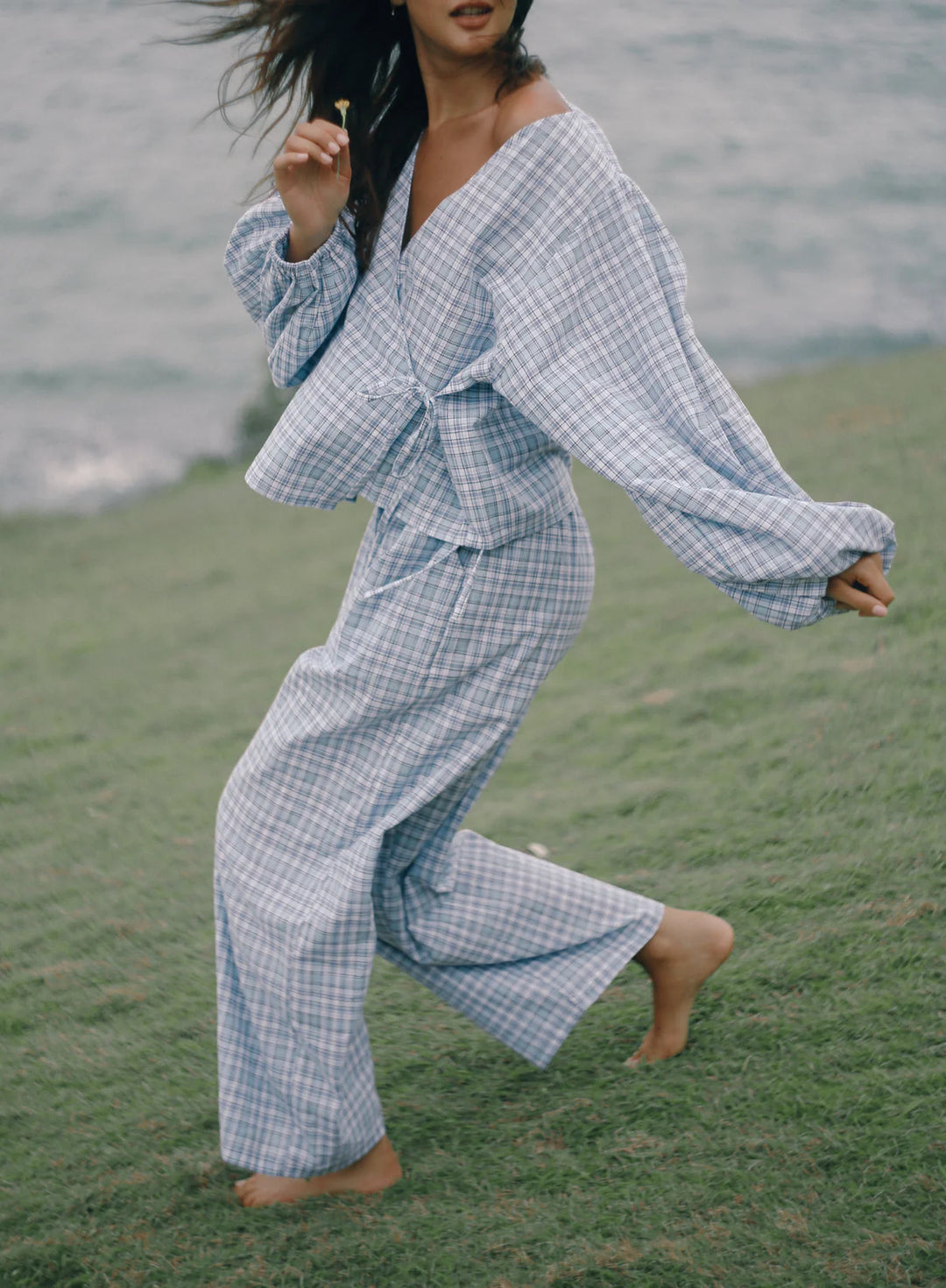 Bare road Ella wrap top- cloud plaid