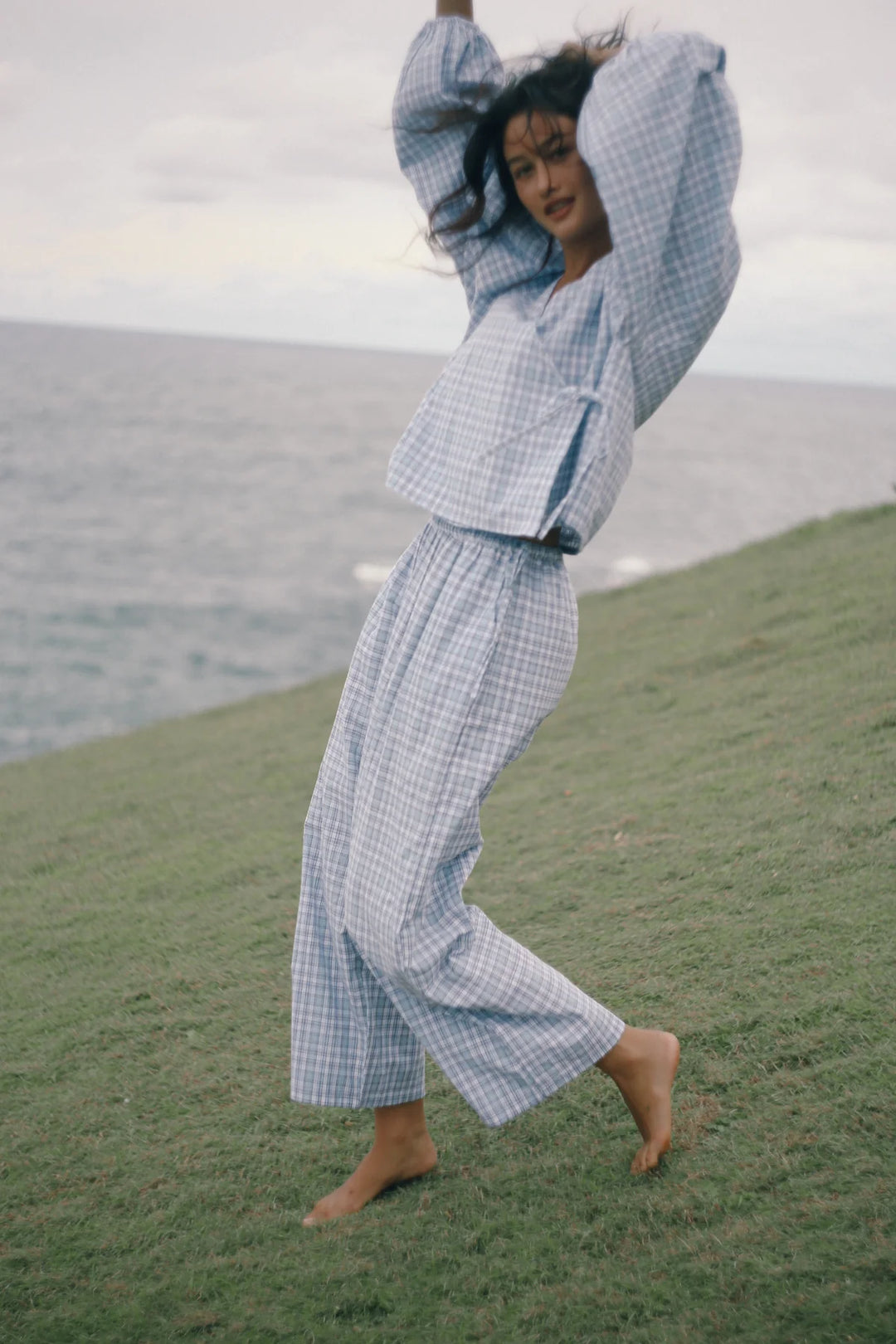 Bare road Ella wrap top- cloud plaid